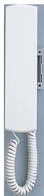 Hvit veggtelefon med kun håndsett og spiralrør, sett fra siden.