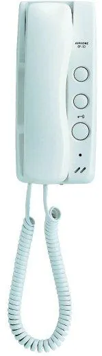 Hvit veggmontert dørtelefon med tre knapper og spiraltelefonrør.