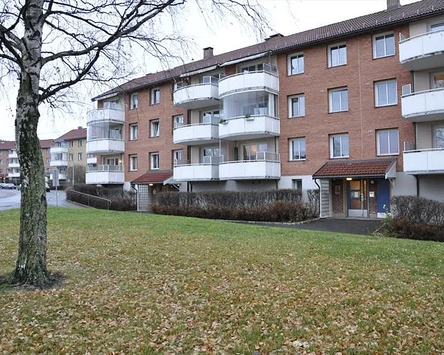 Fireetasjes mursteinsblokker med balkonger og gressplen i forgrunn, høstløv på bakken.